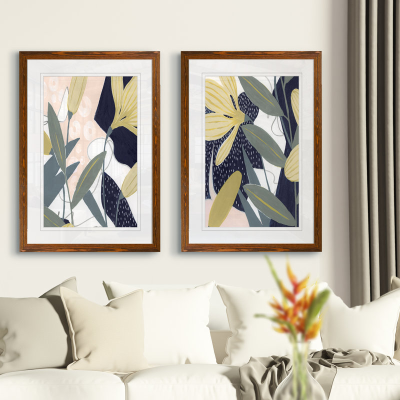Flores Noche IV - Ensemble de 2 peintures sur toile encadrées, H 20 po x l 32 po x P 1,25 po, Papier avec cadre érable, Blanc