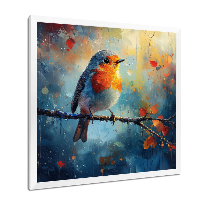 Oiseau Robin dans la rosée du matin - Art mural oiseau, H 36 po x l 36 po, Reproduction encadrée d'une seule photo, Blanc