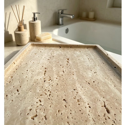 Natural Travertine Stone Tray for Coffee Table, 12 x 8 Inch Rectangle Decorative Vanity Tray for Bathroom Countertop, Jewelry and Perfume Organizer Dish