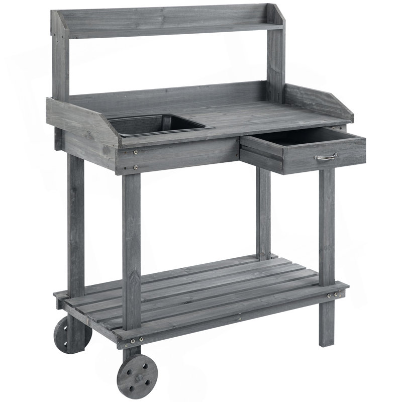 Outsunny 36'' Wooden Potting Bench Work Table With 2 Removable Wheels/ Sink/ Drawer & Large Storage Spaces/ Gray