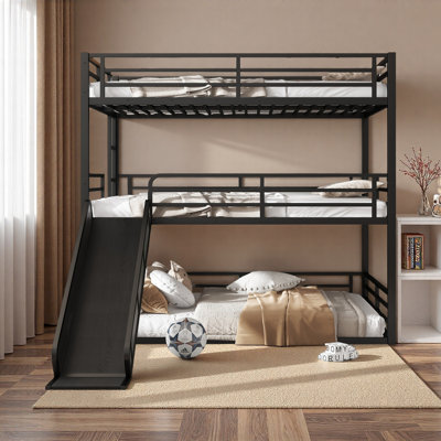 Bunk Bed With Slide, Metal Triple Bunk Bed With Safety Guardrails, Heavy-Duty Bunk Bed With Noise-Reduced Design