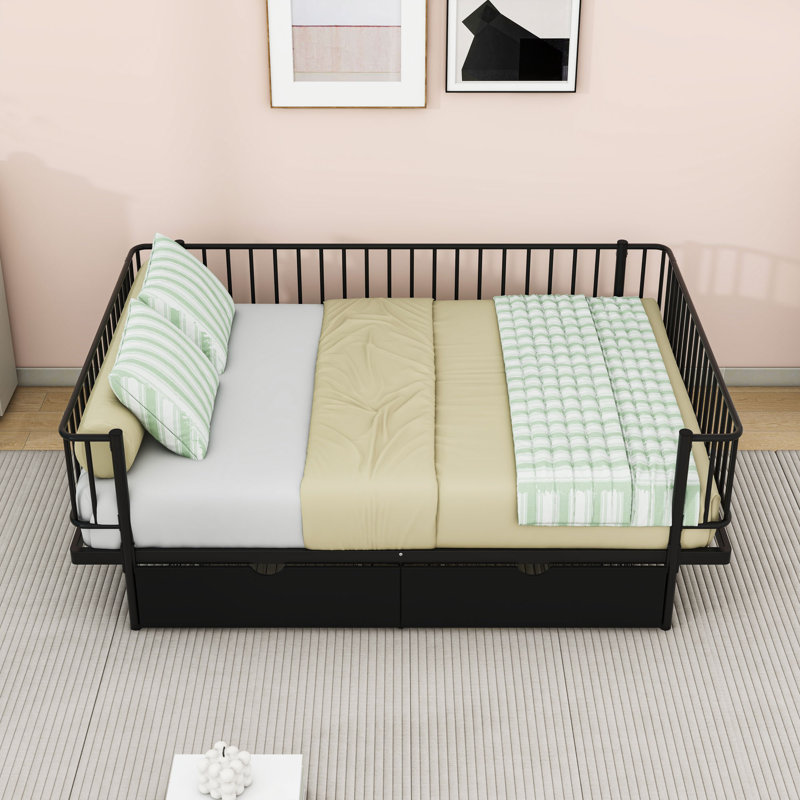 Metal Platform Bed with 2 Drawers and Slats, Full, Black