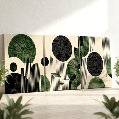 3 Pieces Modern Abstract Geometric Large Wall Art with Green and Black Circles, Three Pieces Wall Art for Living Room, Bedroom, Office, and Home Decor
