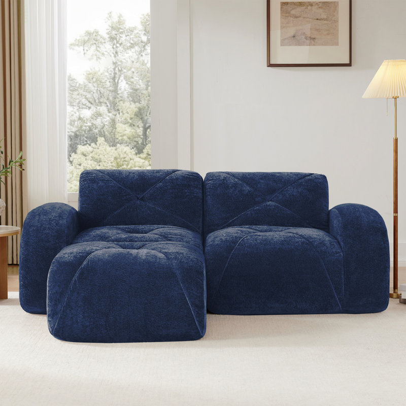 Canapé en L sans os, tissu de velours doux, conception capitonnée, éponge haute densité 32D, aucun assemblage requis, conception ergonomique du bas, conception antidérapante, repose-pieds mobile pour les chambres à coucher, bleu