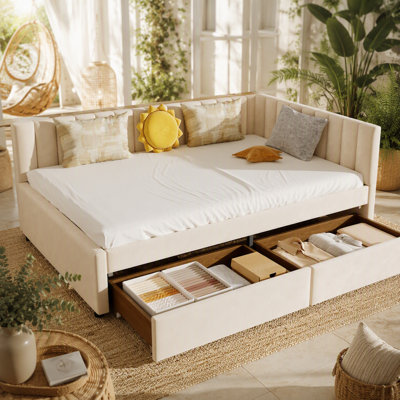 Full Size Daybed with Storage Drawers Upholstered Corner Bed with L Shaped Headboard Velvet Daybed Frame for Living Room Guest Room - Beige