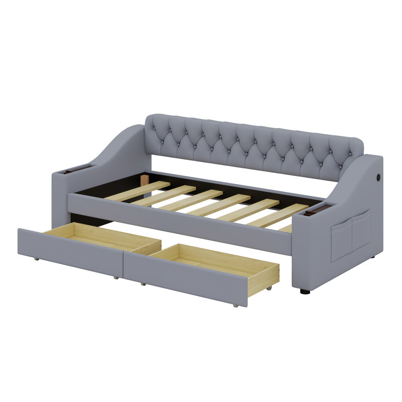 Upholstered Daybed With Drawers,Storage Armrests And USB Port, Gray