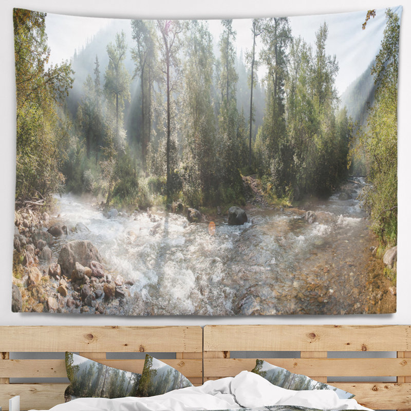 Tapisserie de panorama paysage mountain river, H 78 po x l 92 po