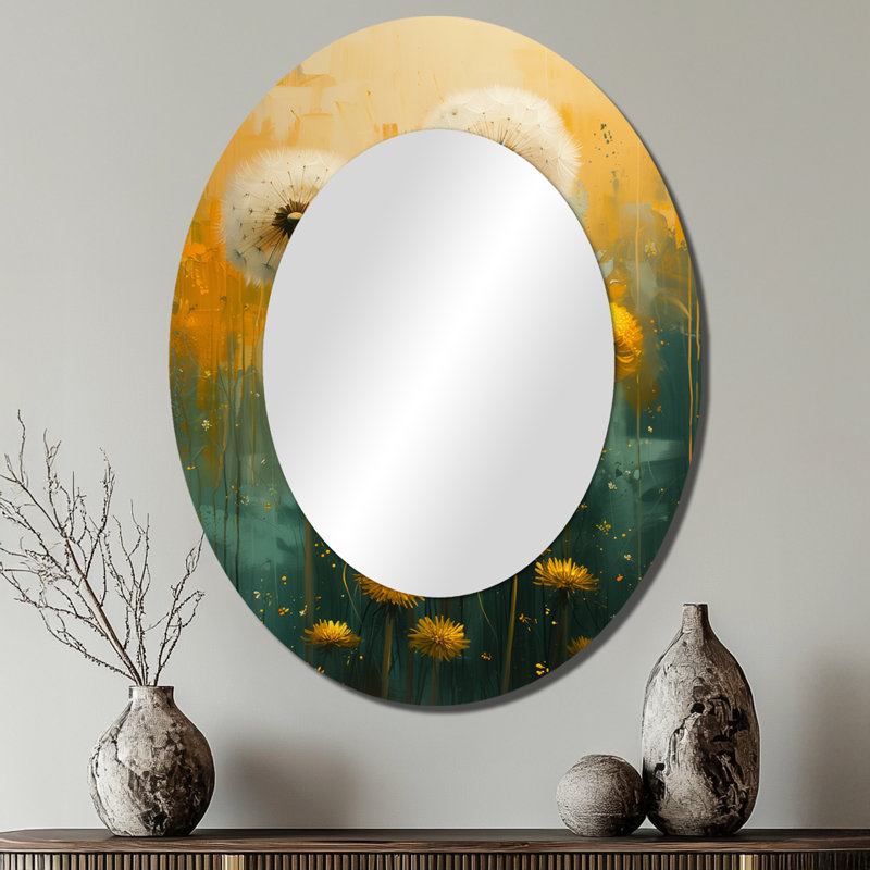Art nouveau blanc et jaune pissenlit collage II - grand miroir mural ovale sur métal, 40 po x 30 po