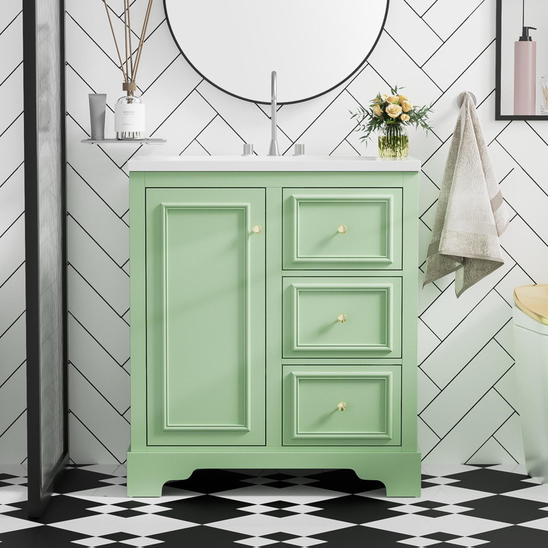 Meuble-lavabo avec tablette réglable, Vert/doré