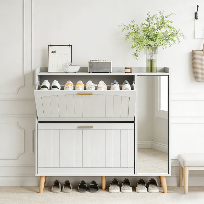 White Wooden Shoe Cabinet with Mirror, 2 Flip Drawers & Side Storage Cabinet, Freestanding Modern Shoe Storage with Adjustable Shelves for Hallway, Bedroom, Living Room