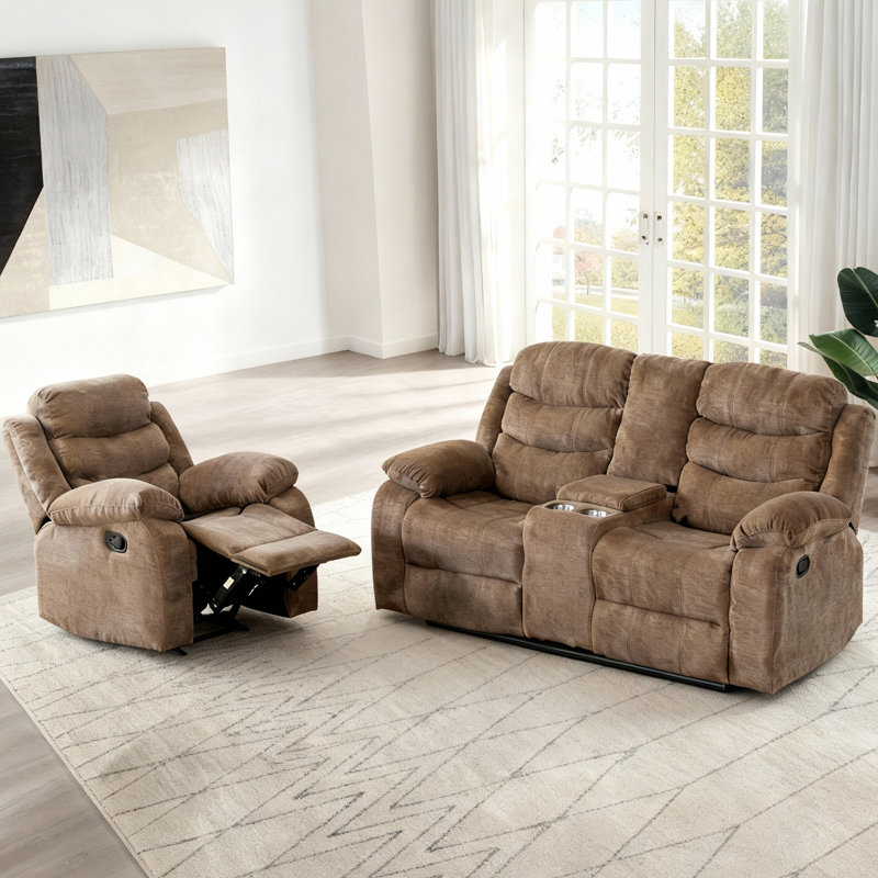 Ensemble de salon 2 pièces en polyester - Fauteuil inclinable manuel et causeuse avec console, Brun