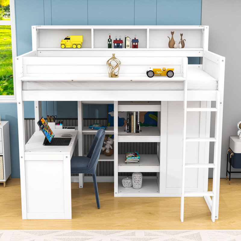Lit mezzanine simple en bois avec tablettes de rangement, garde-robe et bureau, Blanc