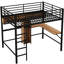 Lit mezzanine double avec métal et bois - noir et brun, structure durable, tablettes de bureau en L, espace sous le lit, gardé, aucun sommier nécessaire