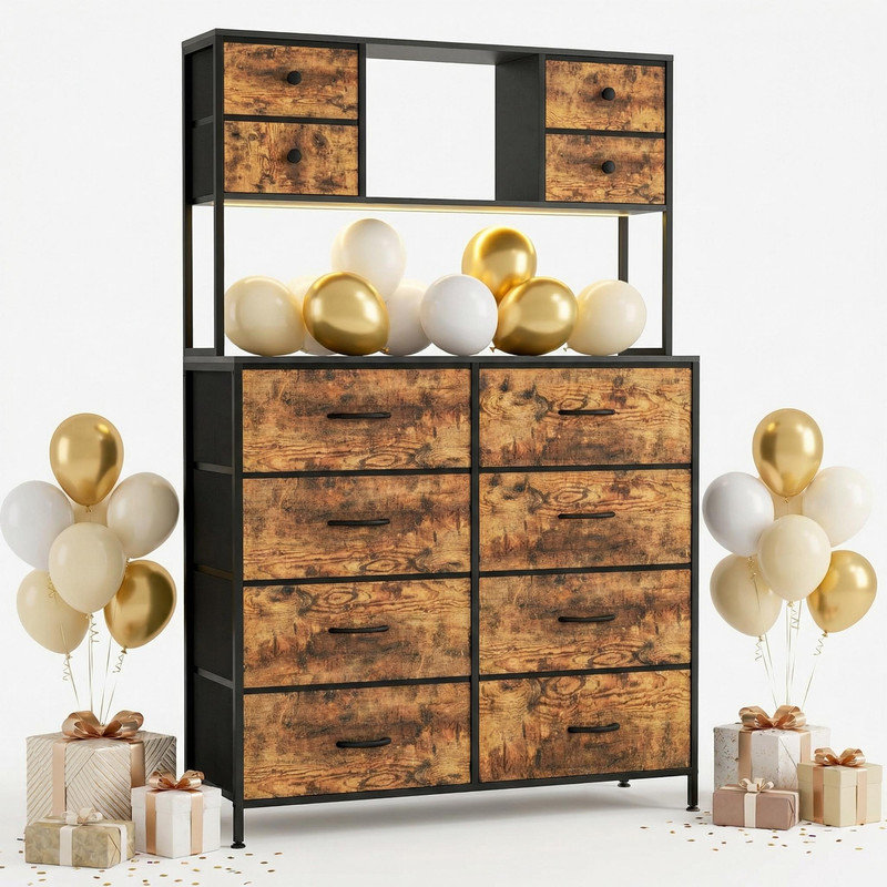 12-Drawer Dresser with Power Outlet & Open Shelves - LED Light Wood Top Metal Frame Fabric Dresser for Bedroom, Hallway, Living Room