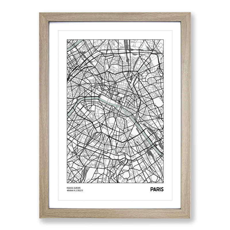 Map Paris France - Picture Frame Graphic Art, Oak, 48cm H x 36cm W x 2cm D