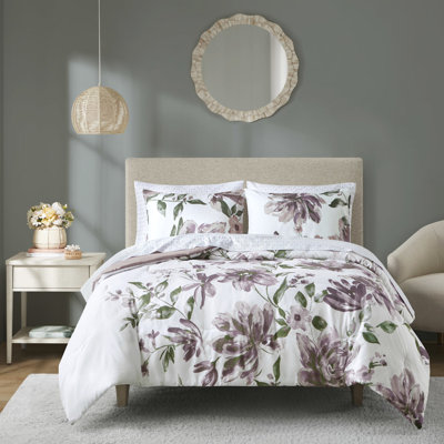 Édredon mauve à motif floral avec draps de grande taille et taies d'oreiller, taupe