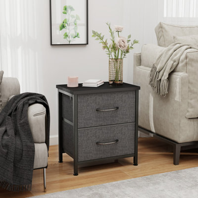 2-Drawer Wood and Fabric Nightstand with Open Shelf 