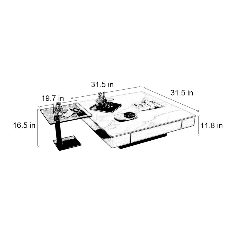 Italian light luxury square stone coffee table, White/Transparent, 11.8'' H X 31.5'' W X 31.5'' D
