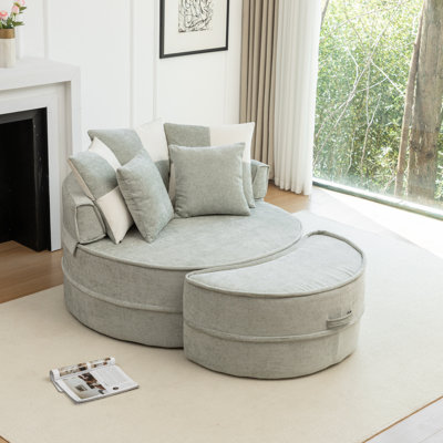 47.63" W Chenille Upholstered Round Lazy Chaise Lounge Sofa With Throw Pillows And Ottoman For Living Room