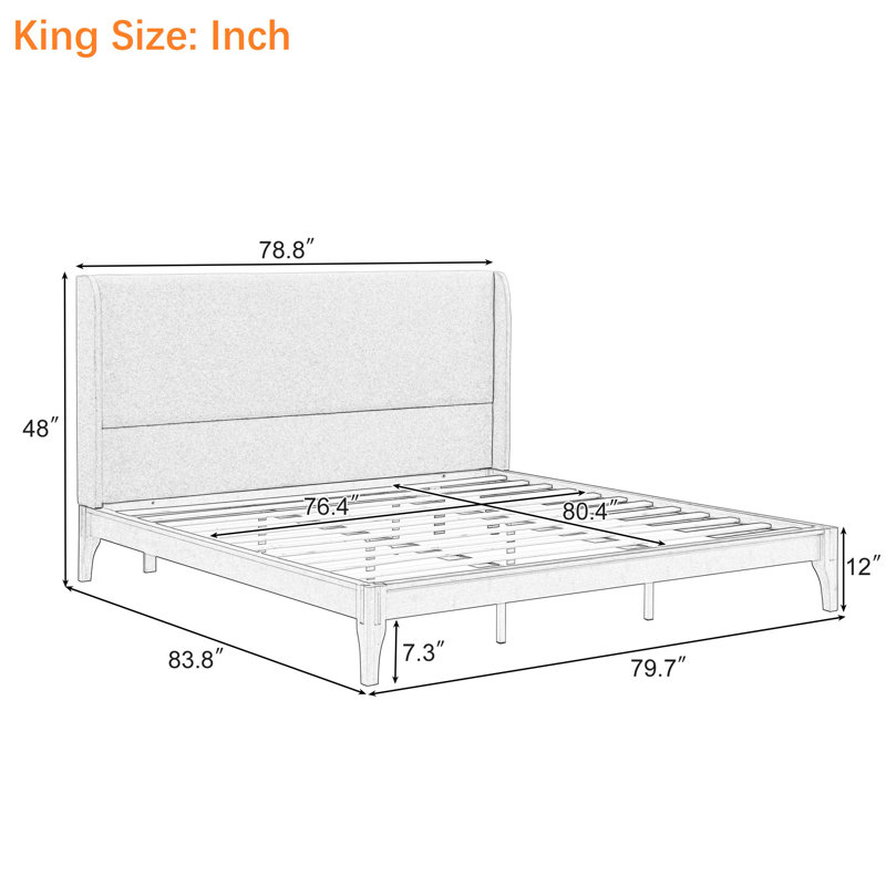 Bed Frame Platform with Upholstered Wingback Headboard, King, Brown