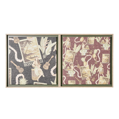 Reyn Spooner Kona Coast By Framed Waikiki Nostalgia Floated Printed Linen Wall Art Set Of 2 In Black;brown;gold
