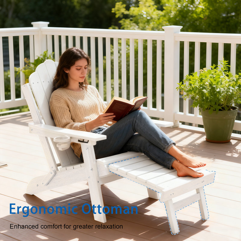 3-Postion Adjustable HDPE Adirondack Chair with Ottoman, All-Weather Folding Patio Chair with Cup Holder for Outdoor, 350lb Capacity