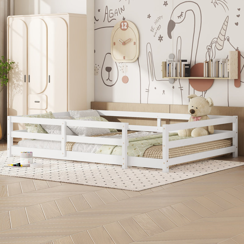 Lit double en bois pour plancher, Blanc, Lit double