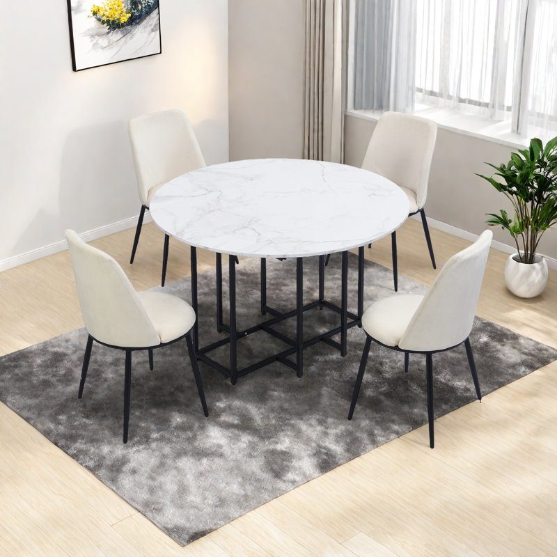 Ensemble de table de salle à manger extensible 5 pièces pour petits espaces - plateau rond en faux marbre, 4 chaises rembourrées, conception pliable compacte