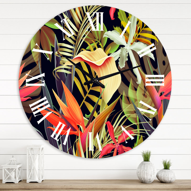 Fleur tropicale sur fond noir I - Horloge murale tropicale, Moyen