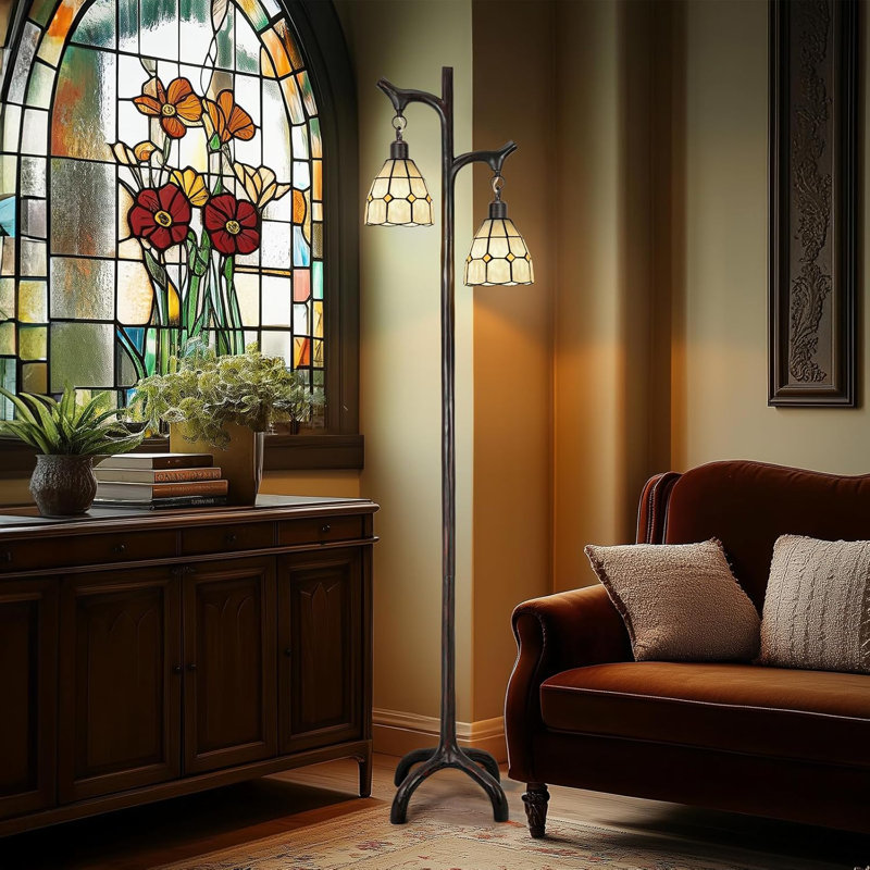 68" Tiffany-Style Stained Glass Tree Trunk Floor Lamp With Dimmable Vintage Shades