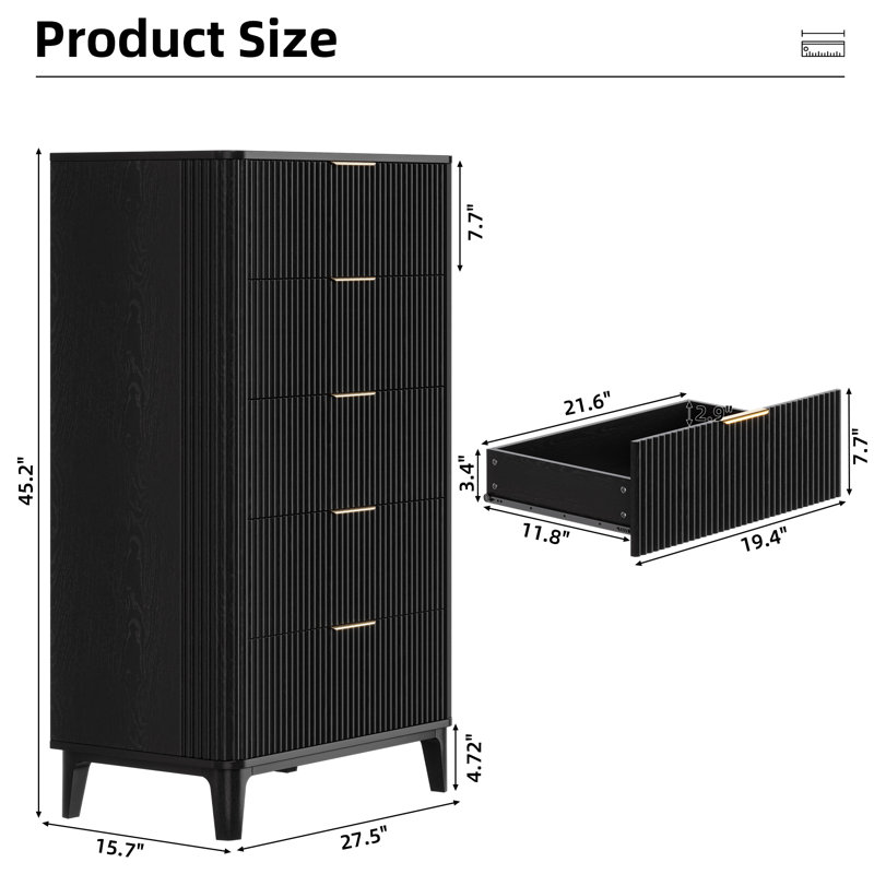 Fluted Dresser For Bedroom With Drawers Set Of 2, Black