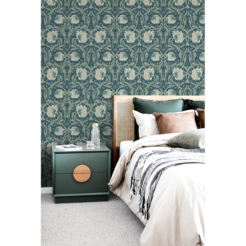 Papier peint à motif floral L 18 pi x l 27 po Pimpernel, Bleu sarcelle / grès