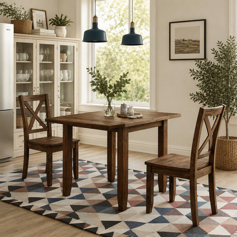 Ensemble de salle à manger 3 pièces en bois avec abattants et 2 chaises à dossier en X, idéal pour les petits espaces., Noyer