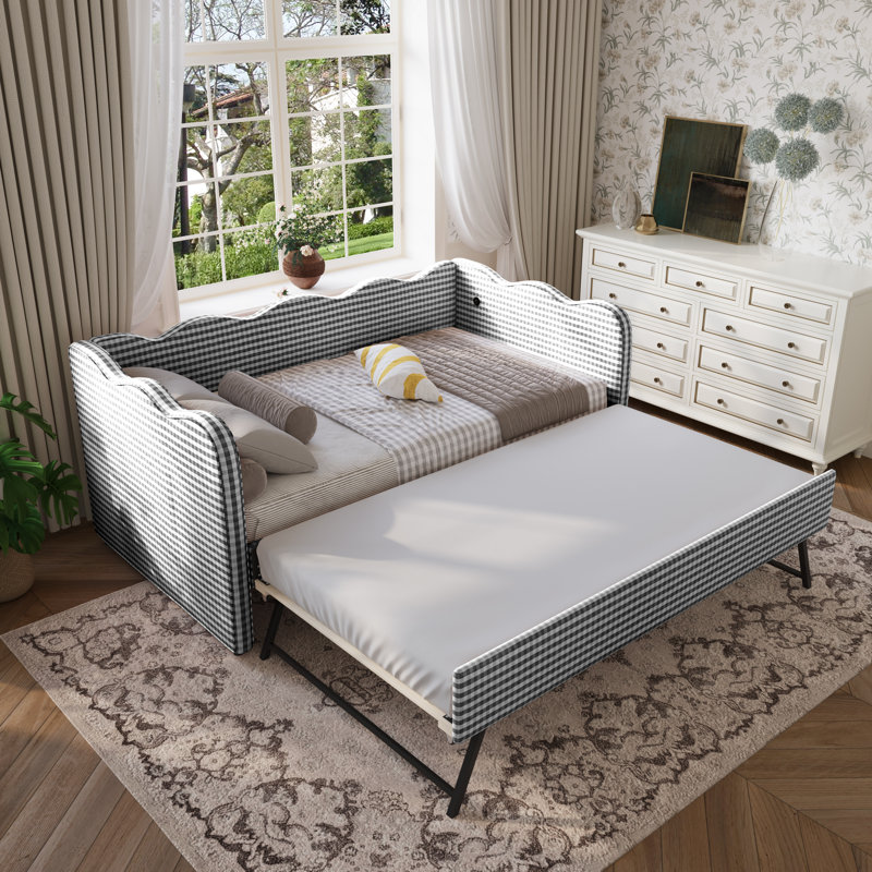 Linen Upholstered Gingham Daybed With Trundle, Usb Charging Port & Wave-shaped Design, No Box Spring Needed, Black