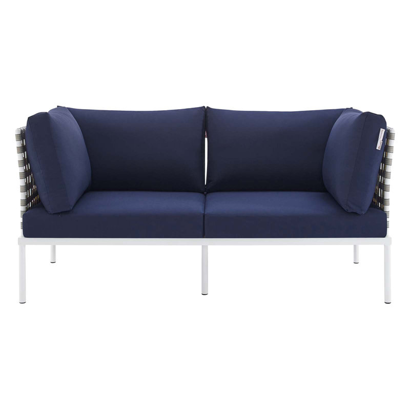 Harmony Sunbrella Basket Weave Outdoor Patio Aluminum Loveseat by Modway, Tan, Navy Sunbrella®