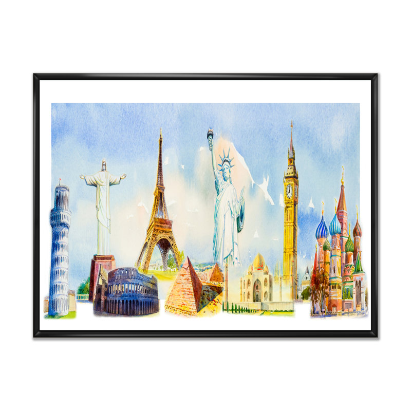 «Famous Repères Of The World IV», reproduction sur toile flottante, H 16 po x l 32 po x P 1 po, Cadre flottant noir