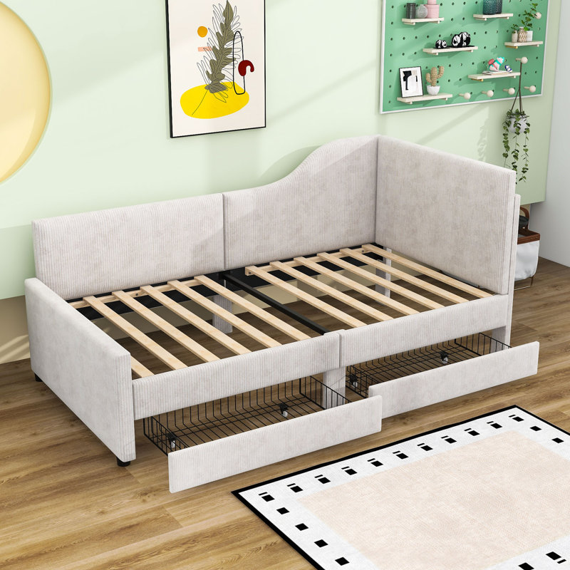 Twin Size L-Shaped Corduroy Daybed with Storage Drawers, Beige