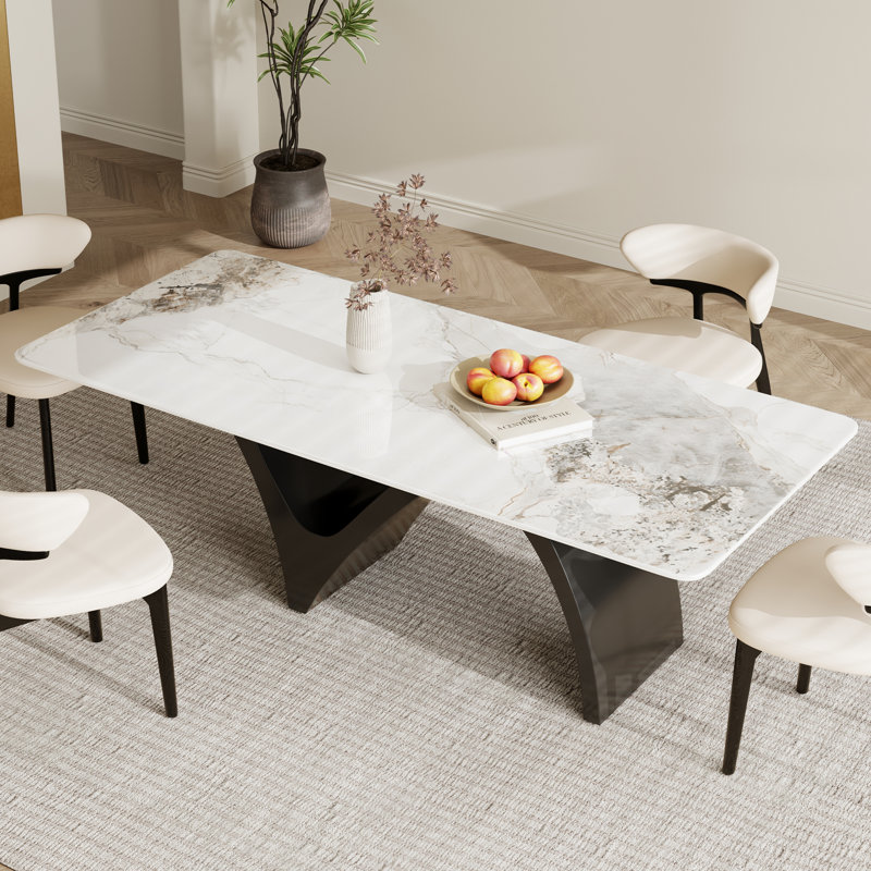 Modern Retangular Dining Table for 6-10, Glossy White Sintered Stone Table top, N-Shaped Carbon Steel Legs