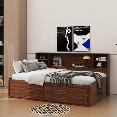 Full-Sized Wooden Captain's Bed With Integrated Storage Shelves, Four Drawers, And Two Cabinets