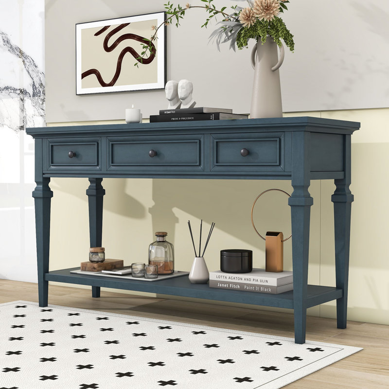 Tolgahan Retro Wooden Console Table with Storage Drawers and Shelf for Living Room, Navy