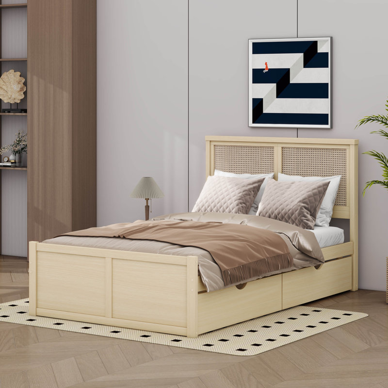 Lit plateforme en bois avec 4 tiroirs intégrés pour le rangement, Double, Nature
