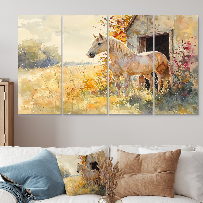 Cheval, Portrait floral à la grange - Art mural cheval - Art mural moderne, H 28 po x l 48 po, 4