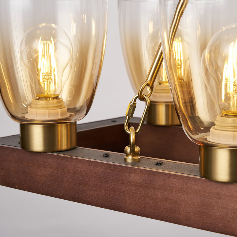 Lustre linéaire rustique en bois de 91 cm (36 po) à 8 lumières avec verre ambré.