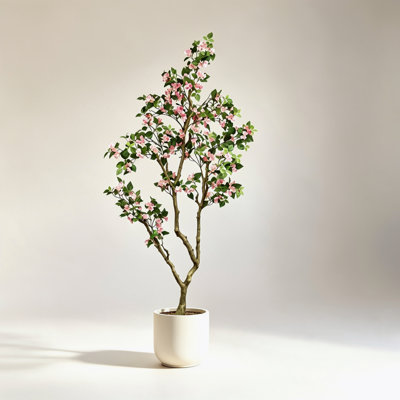 Bougainvillier artificiel de 2,13 m (7 pi) avec fleurs en soie rose réalistes et pot blanc élégant de 21,6 cm (8,5 po) non amovible. Décoration intérieure et extérieure pour salon, véranda, terrasse et maison.