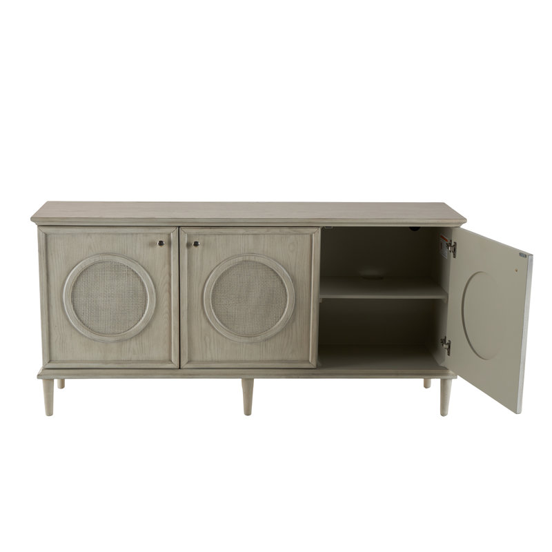 Light Gray Wooden Washed Circular Woven Rattan 3 Door Media Credenza Sideboard with Round Silver Knobs, 66" x 16" x 33"