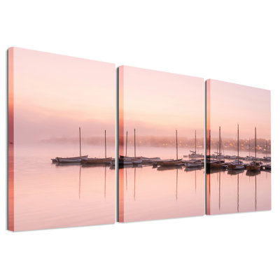 Wooden Sailboats in Misty Dawn Harbor Set Of 3 Canvas Wall Art