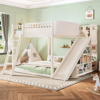 Grand lit mezzanine avec tête de lit tapissier et tablettes de rangement