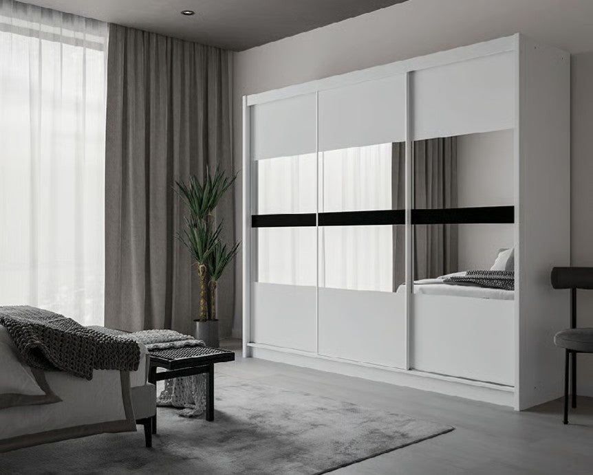 BATUMI 250cm Sliding Door Wardrobe in White Matte – Bright Storage with Mirrored Accent