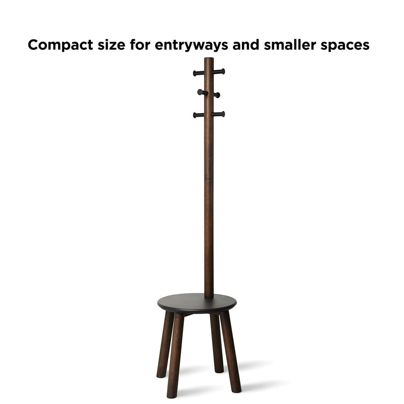 Black and Walnut Multifunctional Coat Rack with Integrated Stool