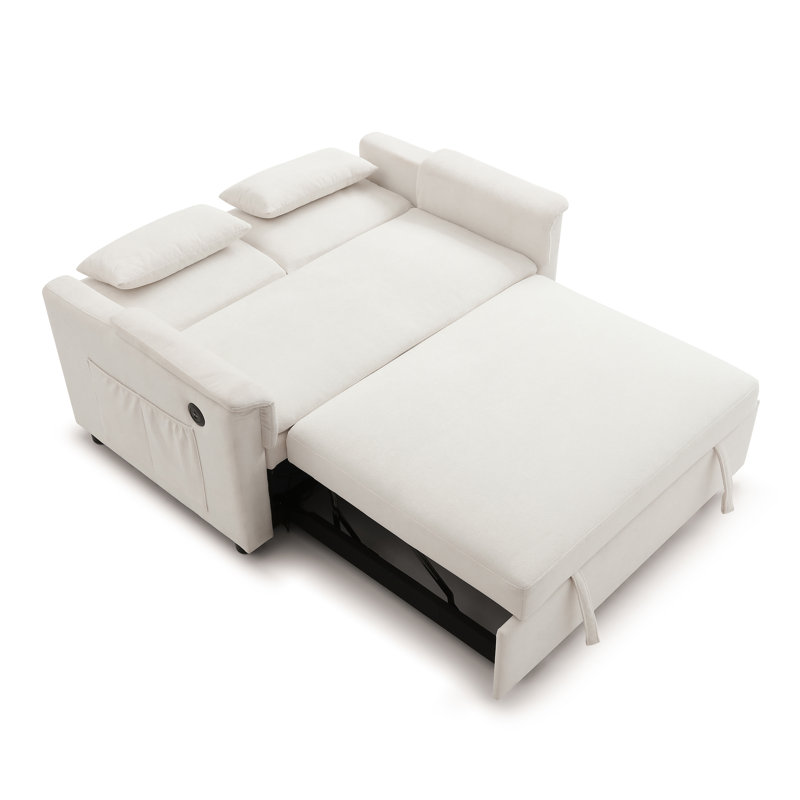Causeuse-lit convertible en velours 58,3 po avec lit escamotable, dossier réglable, ports de chargement USB et poches de rangement latérales